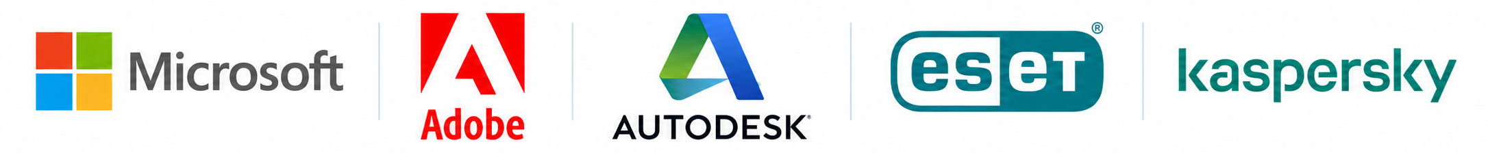 Logos partenaires officiels Digiware : Microsoft, Adobe, Autodesk, ESET, Kaspersky